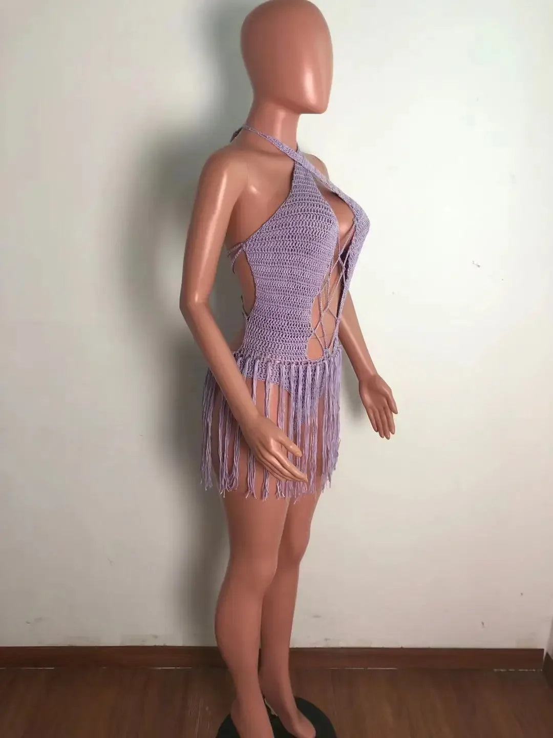 Sexy Women Knitted Dress Halter Backless Crochet Mini Dresses Hollow Out Bodycon Crocheted Beach Dress