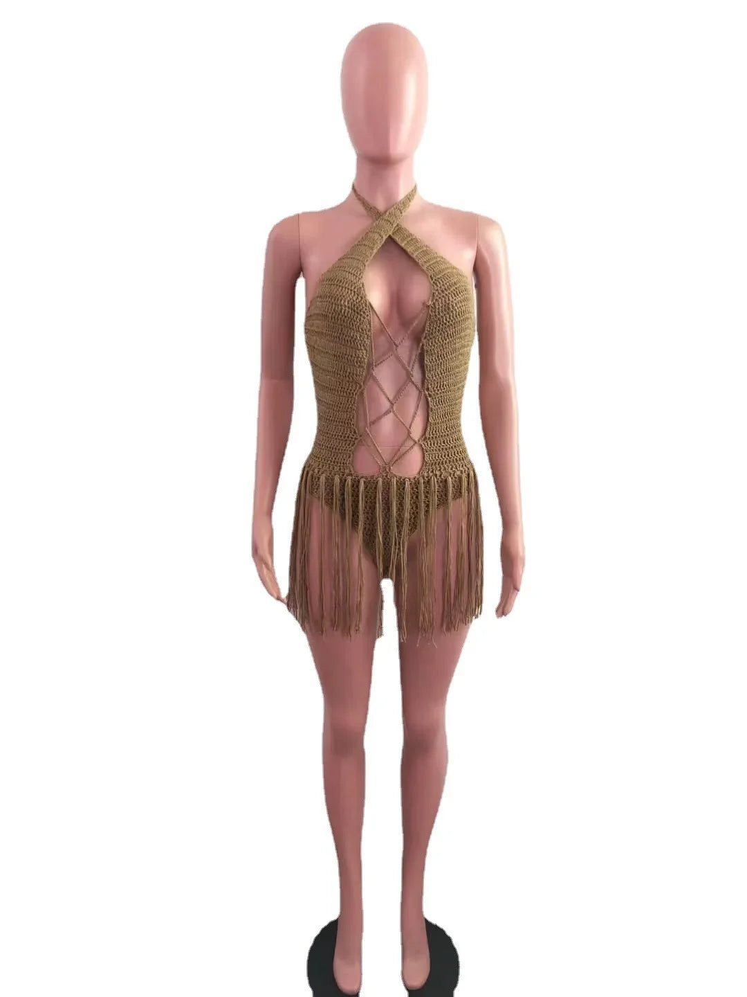 Sexy Women Knitted Dress Halter Backless Crochet Mini Dresses Hollow Out Bodycon Crocheted Beach Dress