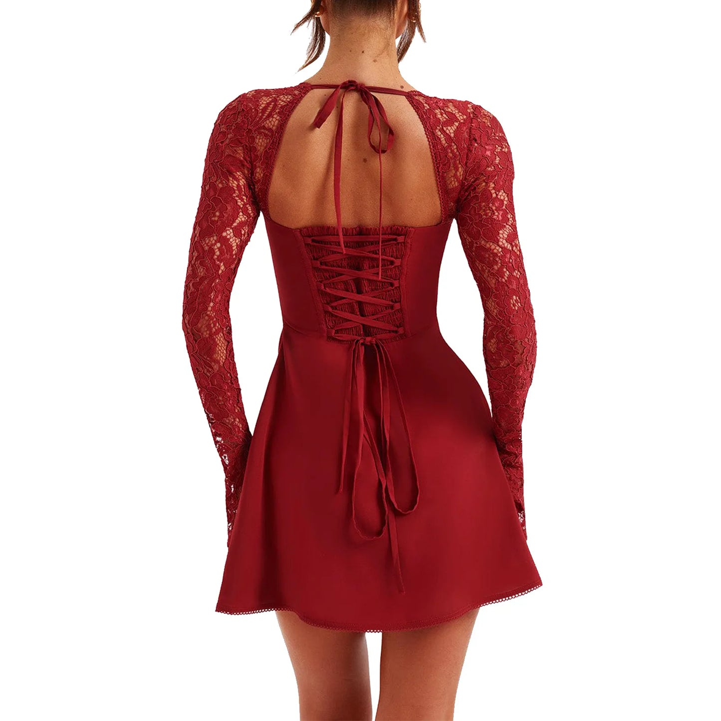 Women’s Elegant Bodycon Mini Dress Lace Long Sleeve White Dress for Spring Summer Low Cut Back Tie Dress Tunic Dress Party Wear