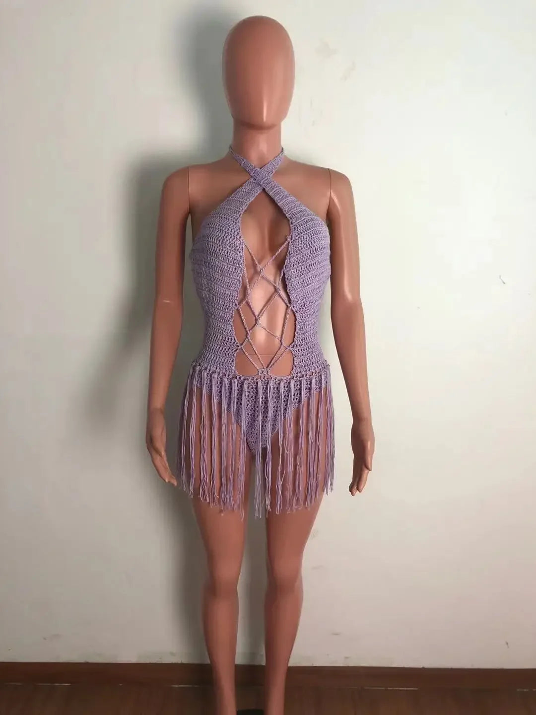 Sexy Women Knitted Dress Halter Backless Crochet Mini Dresses Hollow Out Bodycon Crocheted Beach Dress