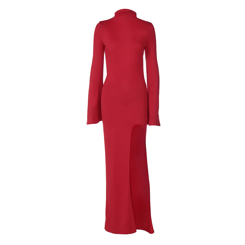 Hugcitar Turtleneck Solid Long Sleeve Backless Slit Sexy Slim Maxi Prom Dress 2024 Spring Women Clothes Birthday Party Y2K