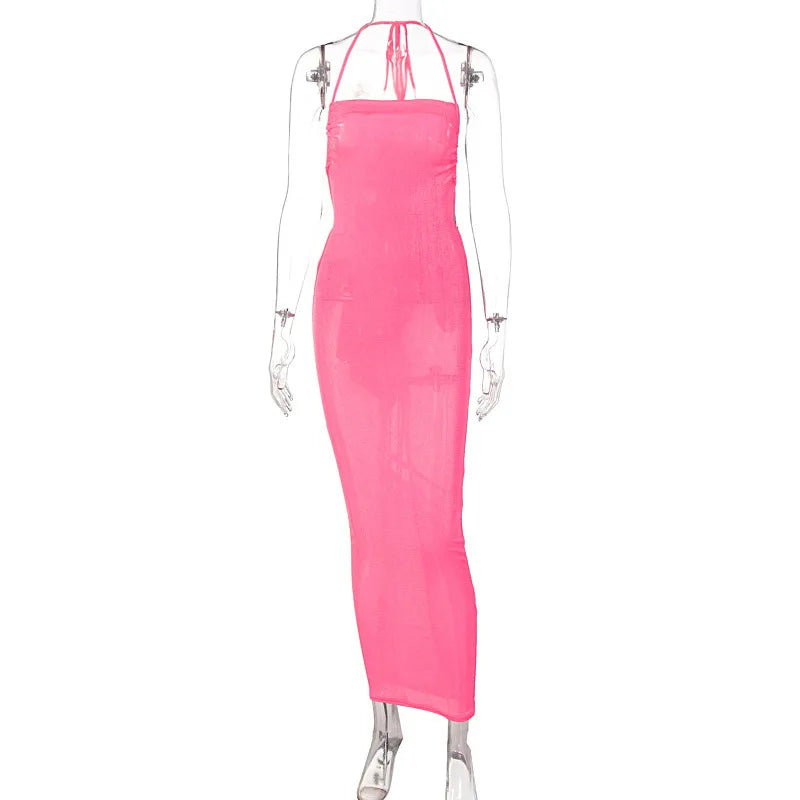 Backless Sleeveless, Swing Collar Drawstrings Hollow Out Slit Sexy Maxi Prom Dress 2023 Summer Women Party Y2K Robe