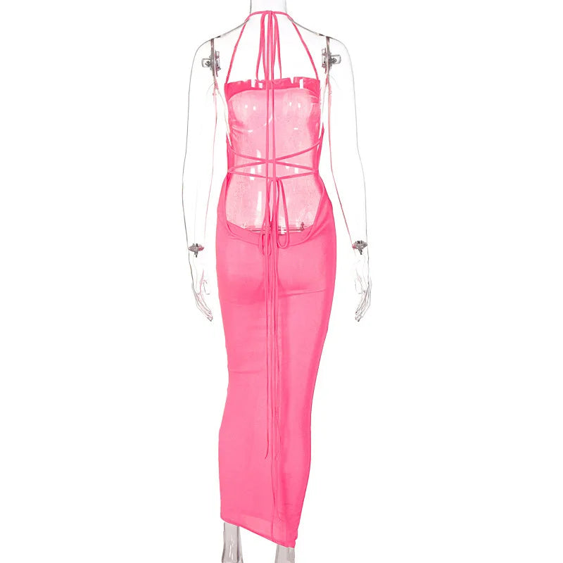 Backless Sleeveless, Swing Collar Drawstrings Hollow Out Slit Sexy Maxi Prom Dress 2023 Summer Women Party Y2K Robe
