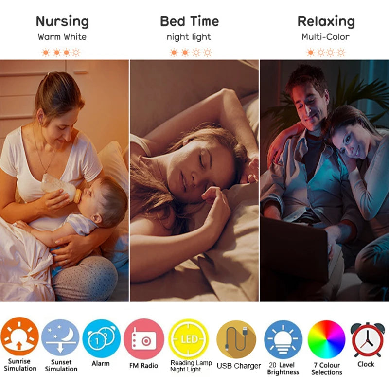 Alarm Clock, Wake Up Alarm Clock Light with Sunrise/Sunset Simulation Dual Alarms FM Radio Nightlight 7 Colors Natural Sounds Snooze