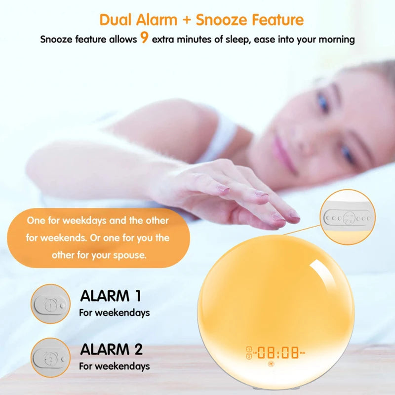 Alarm Clock, Wake Up Alarm Clock Light with Sunrise/Sunset Simulation Dual Alarms FM Radio Nightlight 7 Colors Natural Sounds Snooze