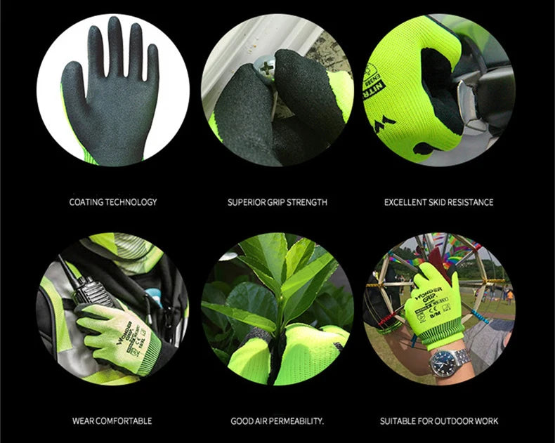 Garden Work Glove Nylon Spandex Fluorescent Green Nitrile Micro Foam Flower Garden Safety Mittens