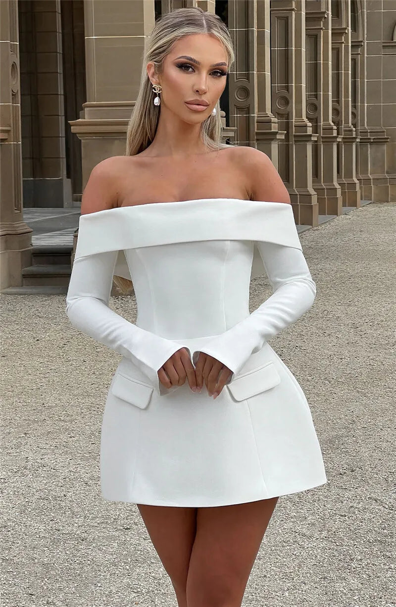 Mozision Off-shoulder Long Sleeve Sexy Mini Dress For Women Two Pocket Strapless Backless A-line Club Party Sexy Dress Elegant
