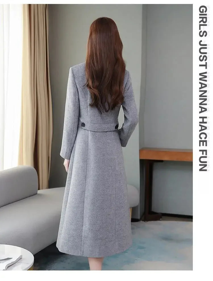 Women's Wool Coat - Long, Thick, Slim Fit with Waist Fitting, Knee-Length for Elegant and Warm Wear.