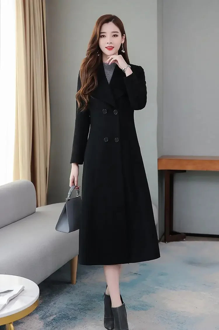 Women's Wool Coat - Long, Thick, Slim Fit with Waist Fitting, Knee-Length for Elegant and Warm Wear.