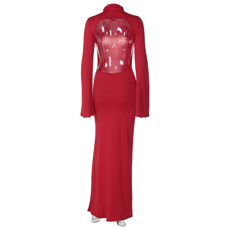 Hugcitar Turtleneck Solid Long Sleeve Backless Slit Sexy Slim Maxi Prom Dress 2024 Spring Women Clothes Birthday Party Y2K