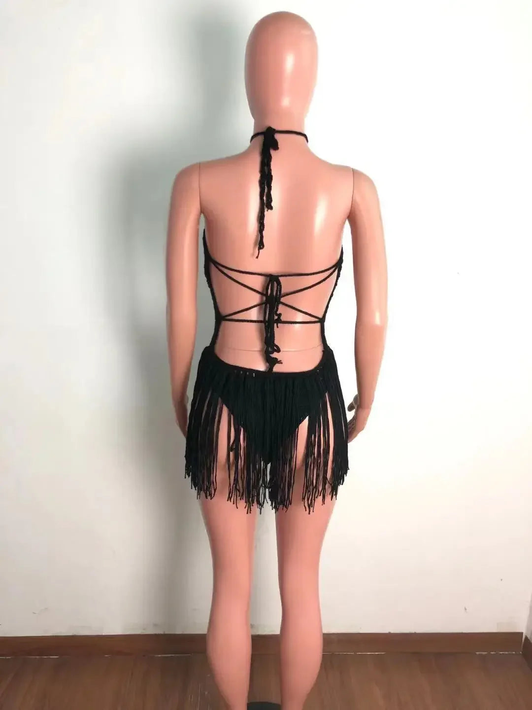 Sexy Women Knitted Dress Halter Backless Crochet Mini Dresses Hollow Out Bodycon Crocheted Beach Dress