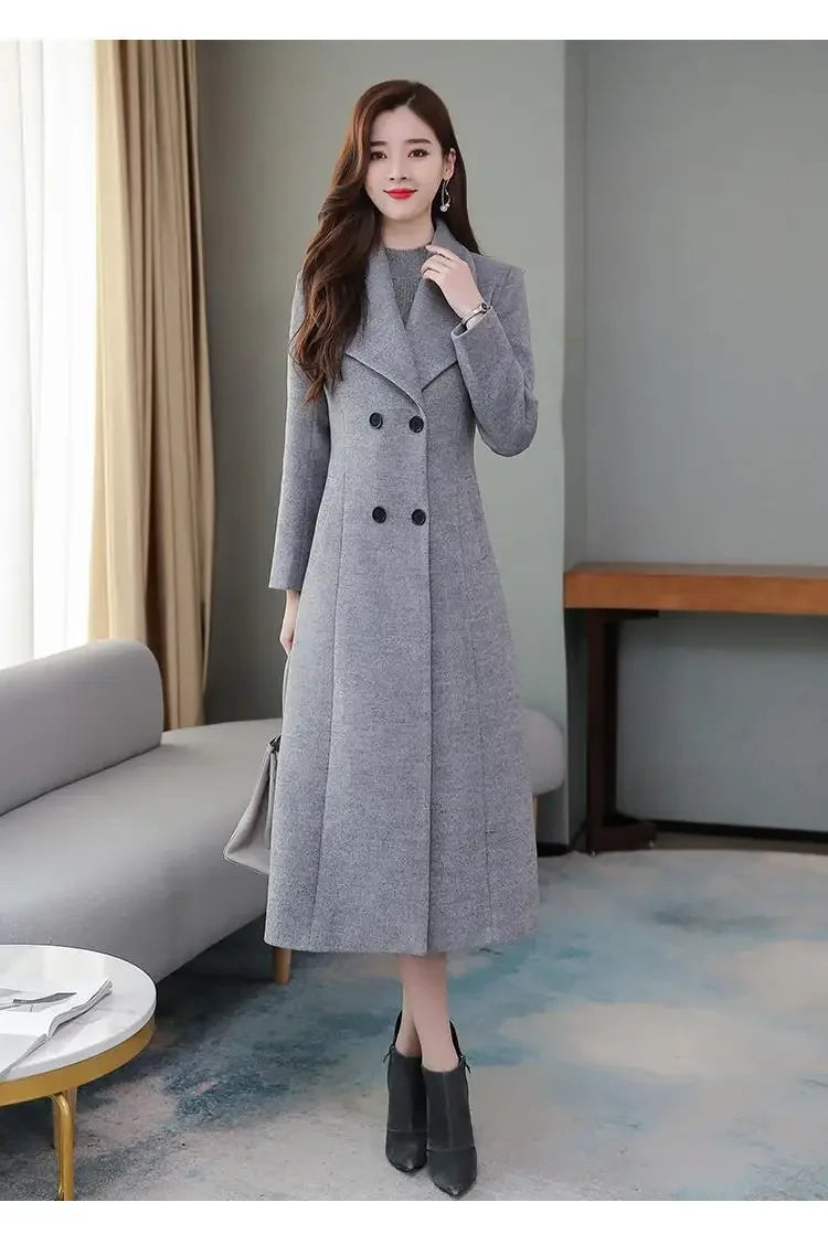 Women's Wool Coat - Long, Thick, Slim Fit with Waist Fitting, Knee-Length for Elegant and Warm Wear.