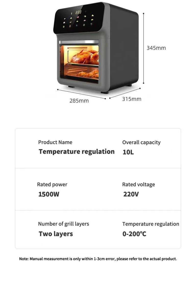 Air Fryers, 10L Large Capacity Electric Oil-free Automatic Household Kitchen 360°Baking Convection Oven Deep Fryer without Oil