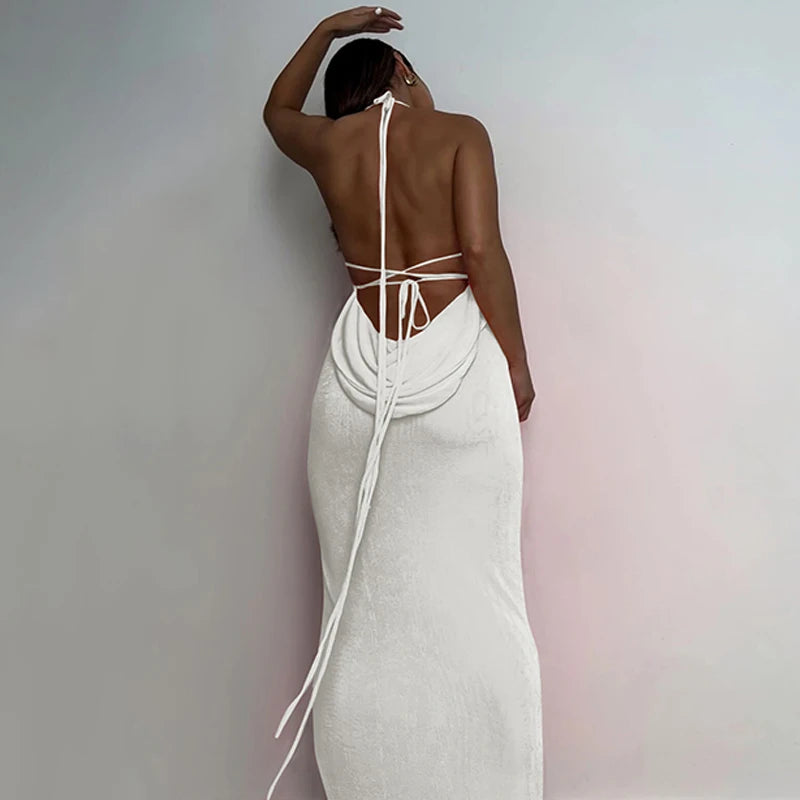 Backless Sleeveless, Swing Collar Drawstrings Hollow Out Slit Sexy Maxi Prom Dress 2023 Summer Women Party Y2K Robe