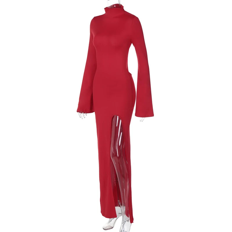 Hugcitar Turtleneck Solid Long Sleeve Backless Slit Sexy Slim Maxi Prom Dress 2024 Spring Women Clothes Birthday Party Y2K
