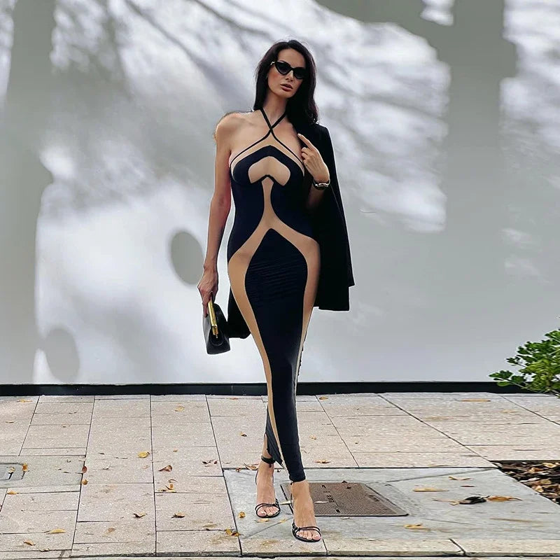 Halter Neck Dresses, Mesh Patchwork for Women Sexy Lace-up Backless See-through Evening Dress Sleeveless Backless Long Party Robe