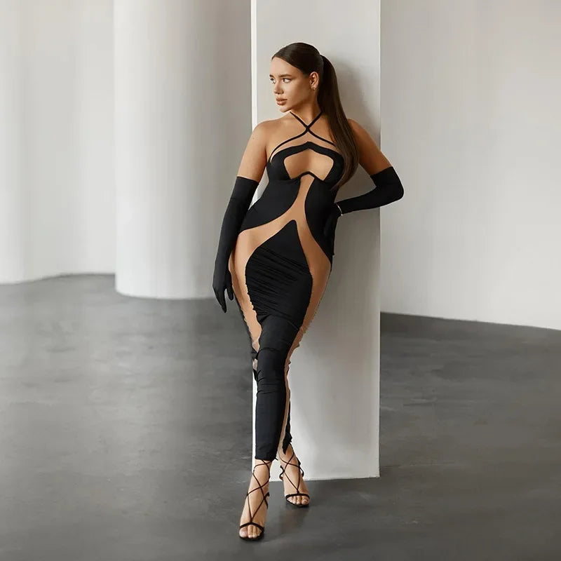 Halter Neck Dresses, Mesh Patchwork for Women Sexy Lace-up Backless See-through Evening Dress Sleeveless Backless Long Party Robe