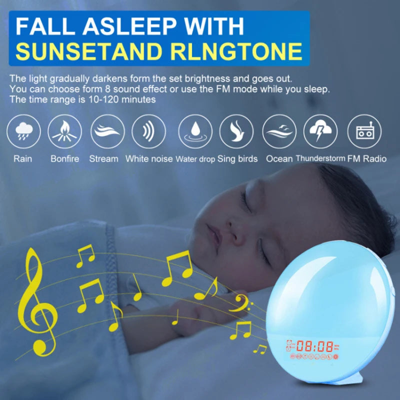 Alarm Clock, Wake Up Alarm Clock Light with Sunrise/Sunset Simulation Dual Alarms FM Radio Nightlight 7 Colors Natural Sounds Snooze