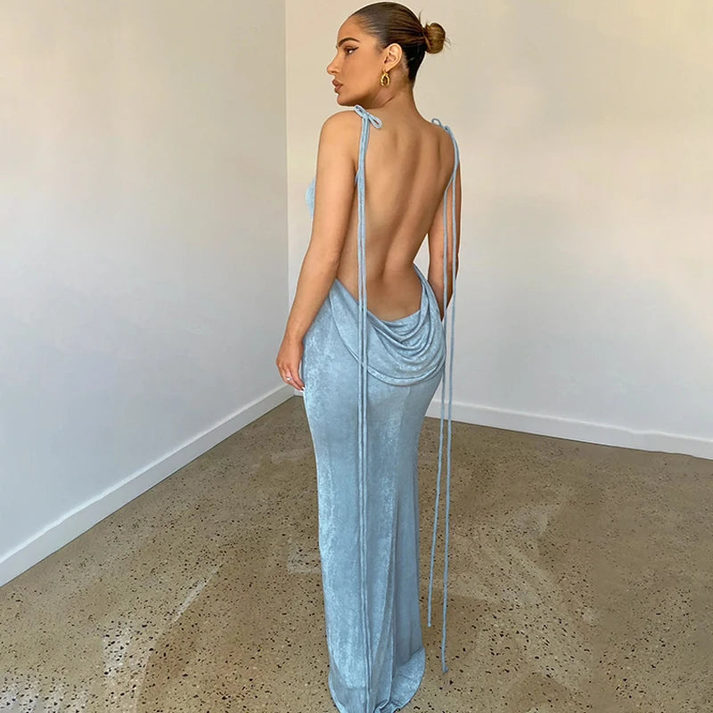 Backless Sleeveless, Swing Collar Drawstrings Hollow Out Slit Sexy Maxi Prom Dress 2023 Summer Women Party Y2K Robe