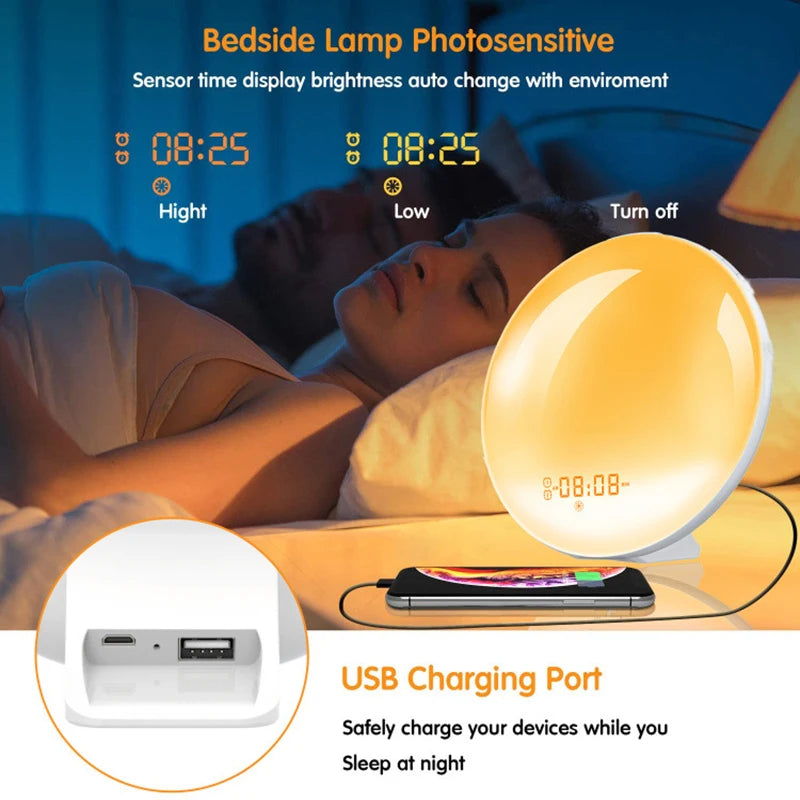 Alarm Clock, Wake Up Alarm Clock Light with Sunrise/Sunset Simulation Dual Alarms FM Radio Nightlight 7 Colors Natural Sounds Snooze