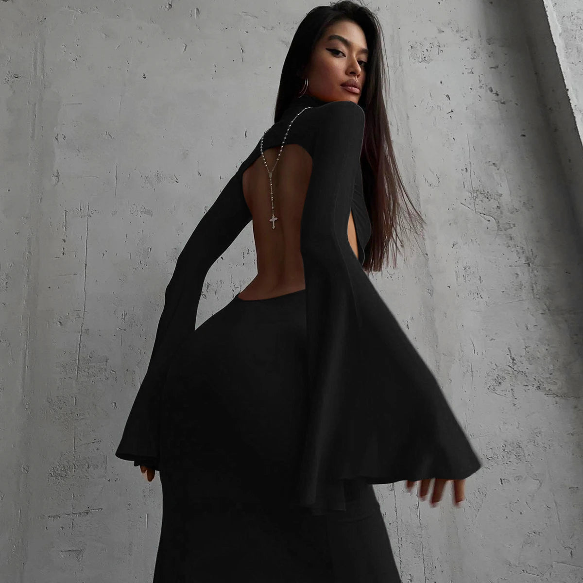 Hugcitar Turtleneck Solid Long Sleeve Backless Slit Sexy Slim Maxi Prom Dress 2024 Spring Women Clothes Birthday Party Y2K