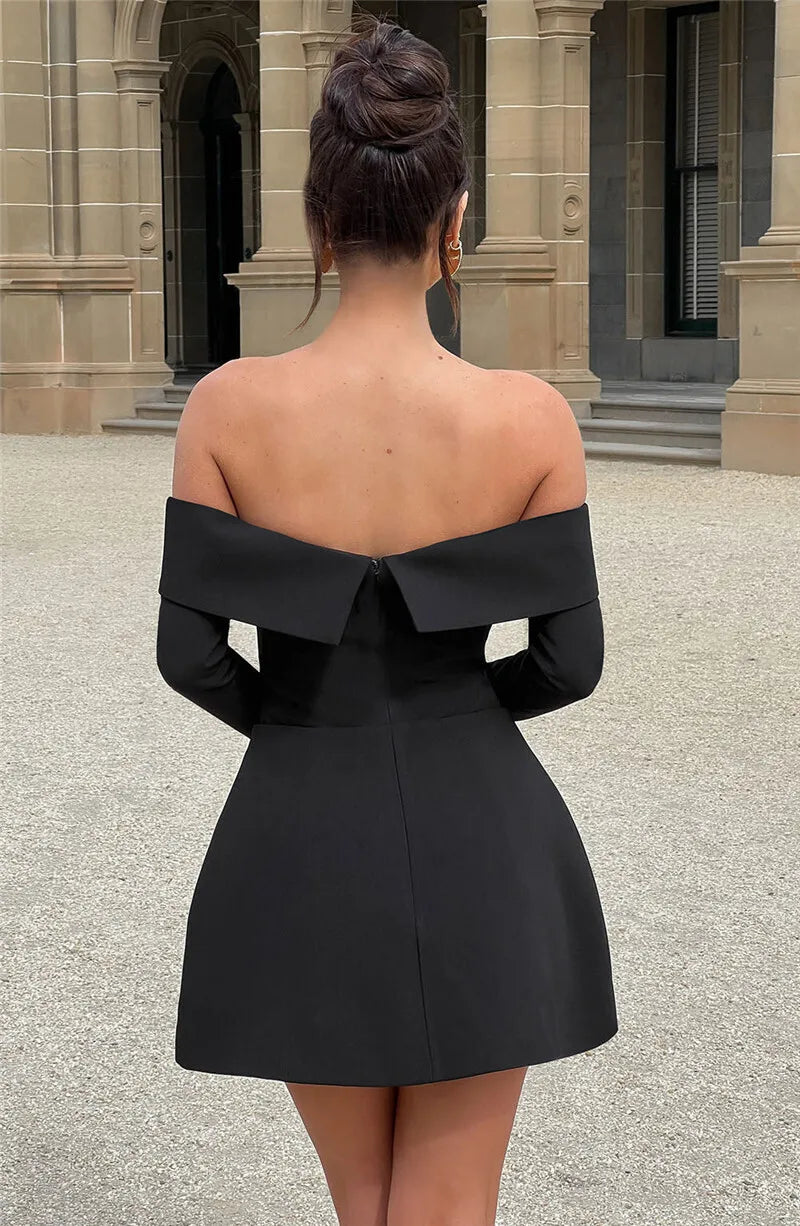 Mozision Off-shoulder Long Sleeve Sexy Mini Dress For Women Two Pocket Strapless Backless A-line Club Party Sexy Dress Elegant