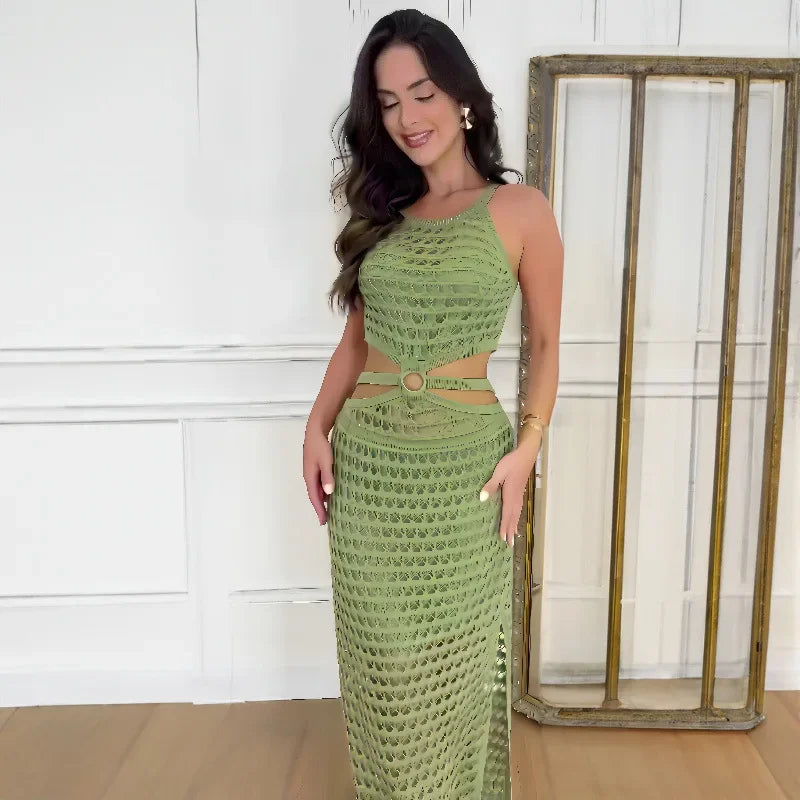 Sexy Hollow Out Women Knit Maxi Dress High Waist Cut Out Mesh Sheer Elegant Sleeveless Hem silt Beach Party Dress Femme