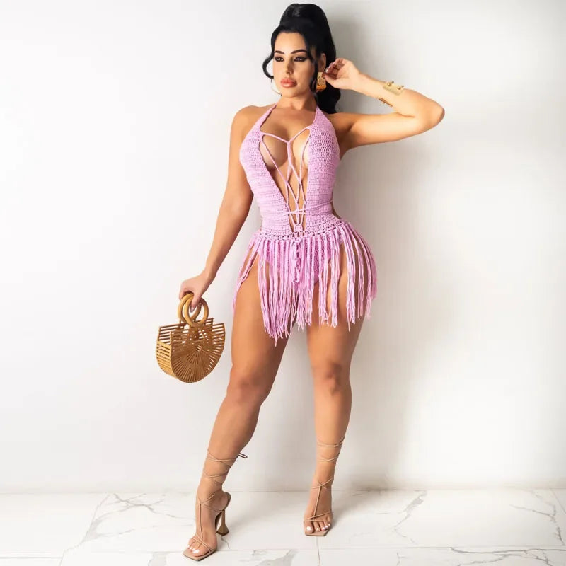 Sexy Women Knitted Dress Halter Backless Crochet Mini Dresses Hollow Out Bodycon Crocheted Beach Dress