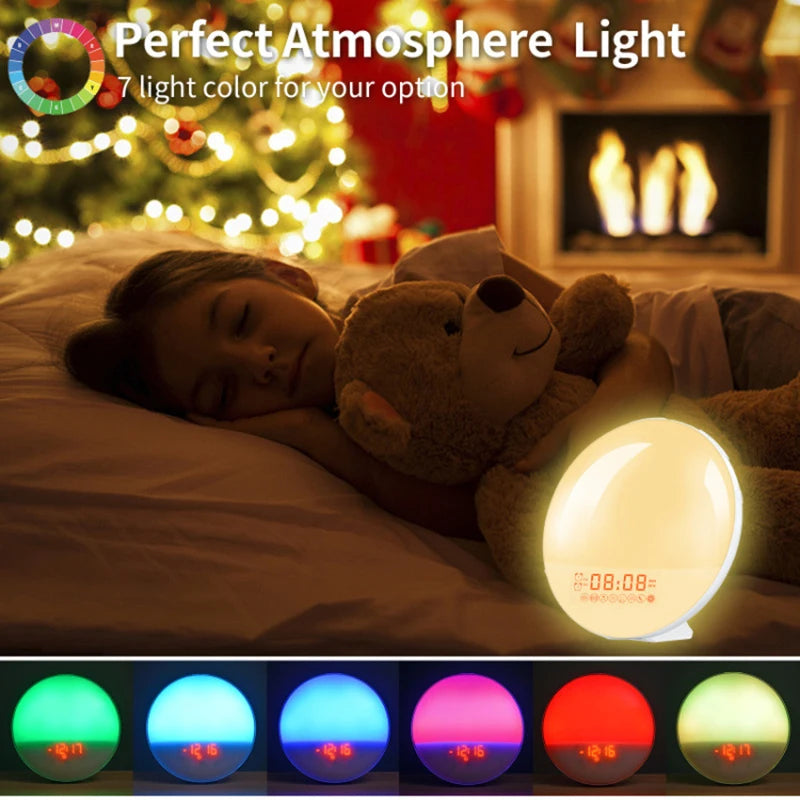 Alarm Clock, Wake Up Alarm Clock Light with Sunrise/Sunset Simulation Dual Alarms FM Radio Nightlight 7 Colors Natural Sounds Snooze