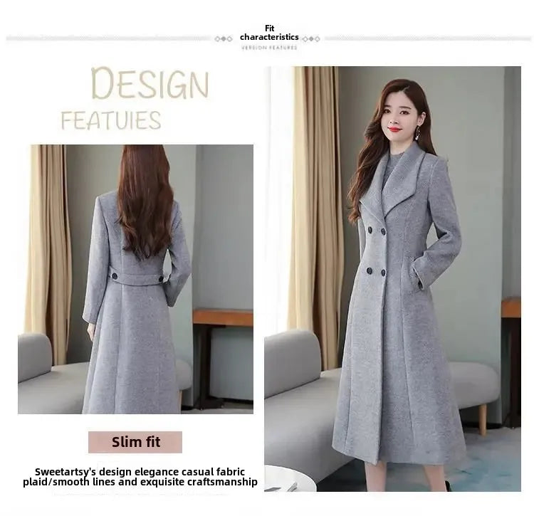 Women's Wool Coat - Long, Thick, Slim Fit with Waist Fitting, Knee-Length for Elegant and Warm Wear.