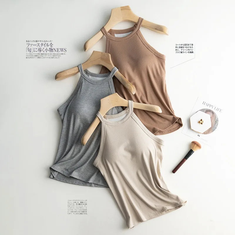 Halter Neck Off-shoulder Camisole Tops Basic Solid Women T shirts Tees Summer Female Tanks Sleeveless With Chest Pad