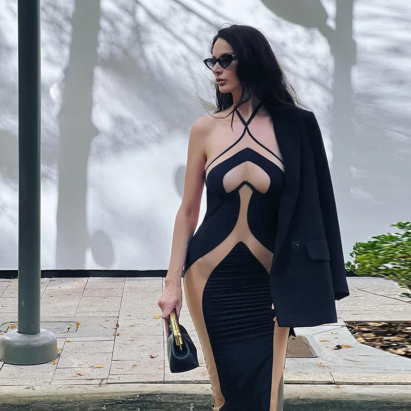 Halter Neck Dresses, Mesh Patchwork for Women Sexy Lace-up Backless See-through Evening Dress Sleeveless Backless Long Party Robe