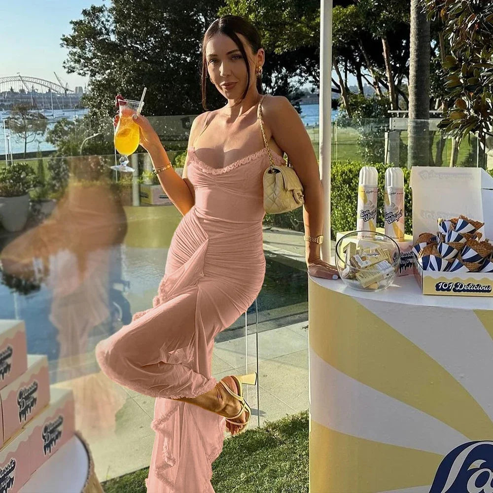 Maxi Gown, Suninheart Irregular Mesh Party Dress 2024 New Arrivals Spaghetti Strap Bodycon Dress Fashion Ruched