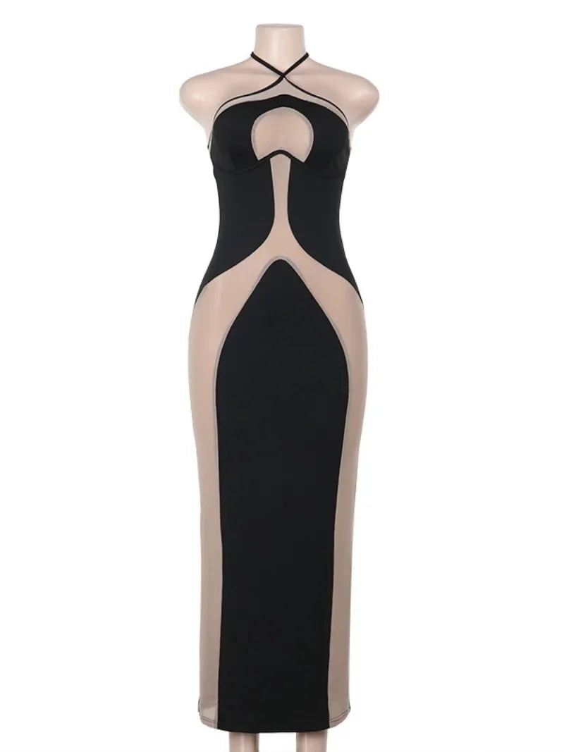 Halter Neck Dresses, Mesh Patchwork for Women Sexy Lace-up Backless See-through Evening Dress Sleeveless Backless Long Party Robe