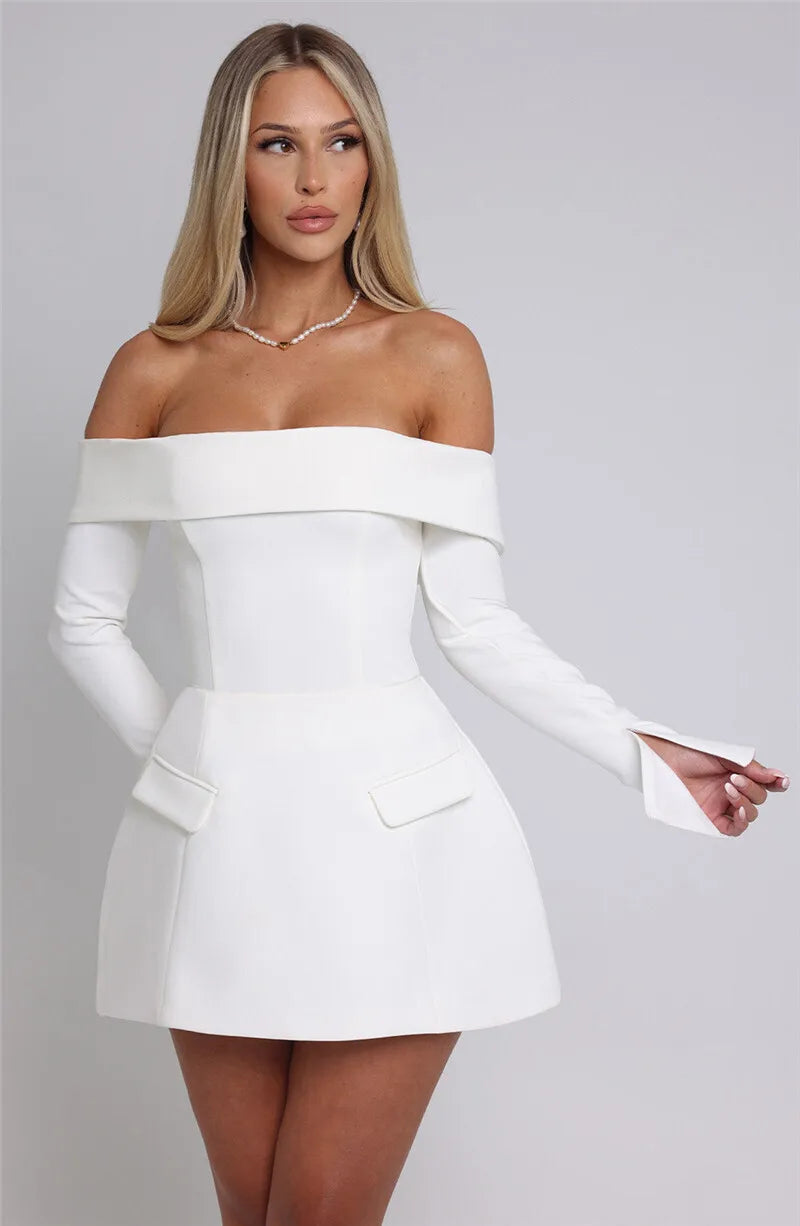 Mozision Off-shoulder Long Sleeve Sexy Mini Dress For Women Two Pocket Strapless Backless A-line Club Party Sexy Dress Elegant