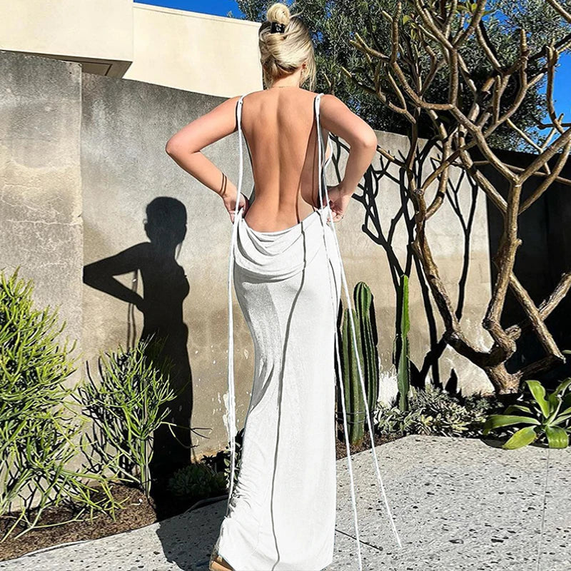 Backless Sleeveless, Swing Collar Drawstrings Hollow Out Slit Sexy Maxi Prom Dress 2023 Summer Women Party Y2K Robe