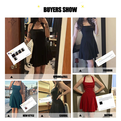 Halter neck, Mia Muse All Seasons Women's Dresses Fashion Halter Square Neck Pleated A-Line Mini Elegant Dress New Year Valentine's Day Gift