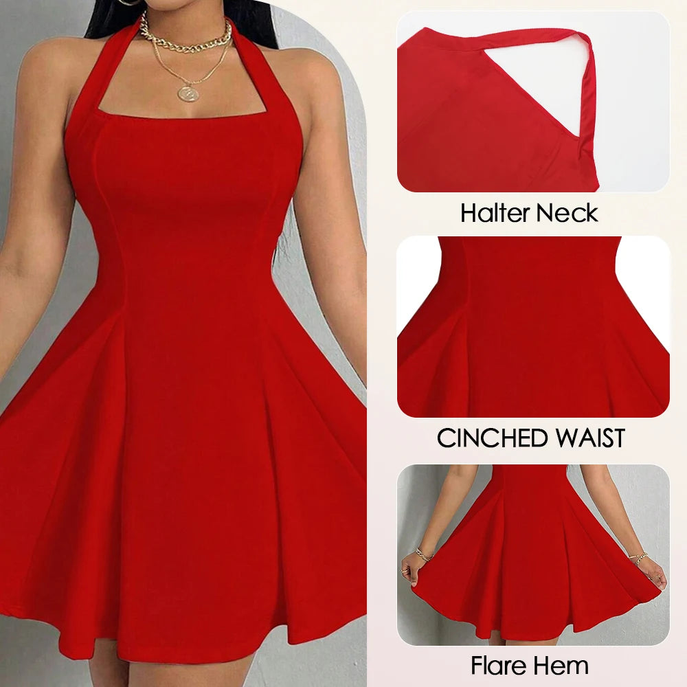 Halter neck, Mia Muse All Seasons Women's Dresses Fashion Halter Square Neck Pleated A-Line Mini Elegant Dress New Year Valentine's Day Gift