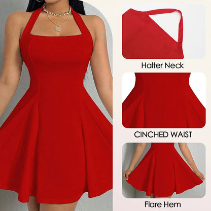 Halter neck, Mia Muse All Seasons Women's Dresses Fashion Halter Square Neck Pleated A-Line Mini Elegant Dress New Year Valentine's Day Gift