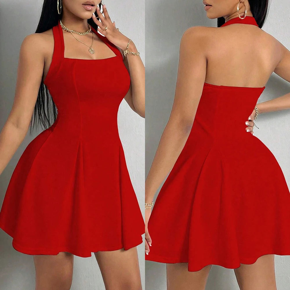 Halter neck, Mia Muse All Seasons Women's Dresses Fashion Halter Square Neck Pleated A-Line Mini Elegant Dress New Year Valentine's Day Gift