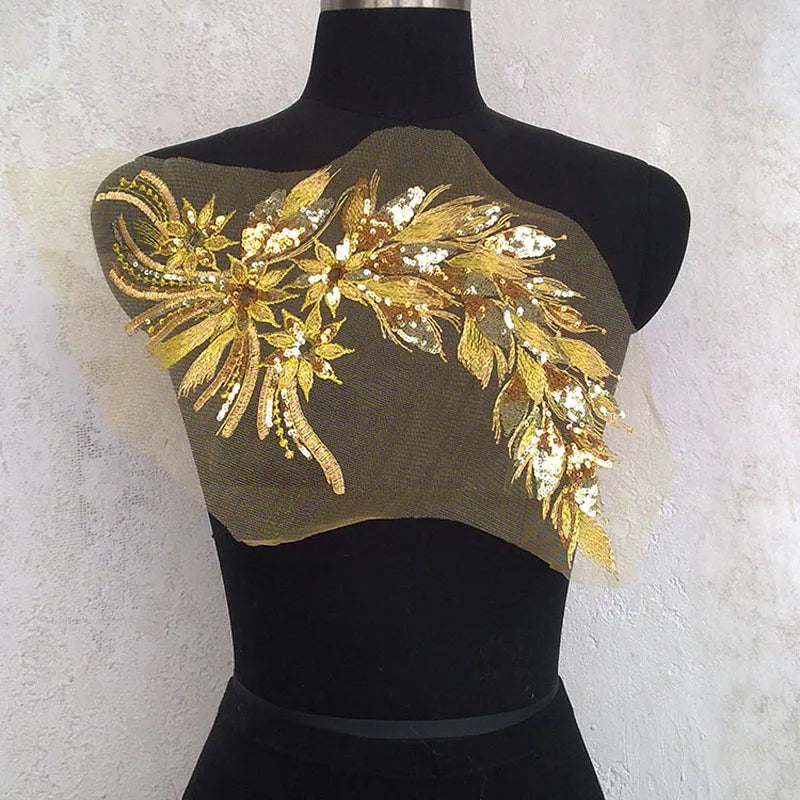 Gold Flower Lace Fabric Trim Ribbon Neckline Collar Embroidered Applique Sewing Craft Wedding Dress Clothes New