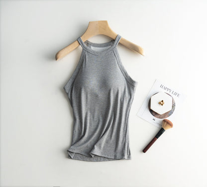 Halter Neck Off-shoulder Camisole Tops Basic Solid Women T shirts Tees Summer Female Tanks Sleeveless With Chest Pad