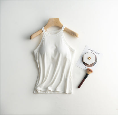 Halter Neck Off-shoulder Camisole Tops Basic Solid Women T shirts Tees Summer Female Tanks Sleeveless With Chest Pad