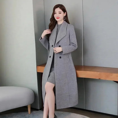 Women's Wool Coat - Long, Thick, Slim Fit with Waist Fitting, Knee-Length for Elegant and Warm Wear.