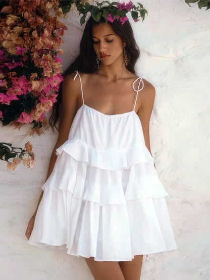 Elegant Chiffon Pleated Off Shoulder Women Sling Dress Fashion Lace Up Backless High Waist A-line Mini Dresses Lady Beach Robes