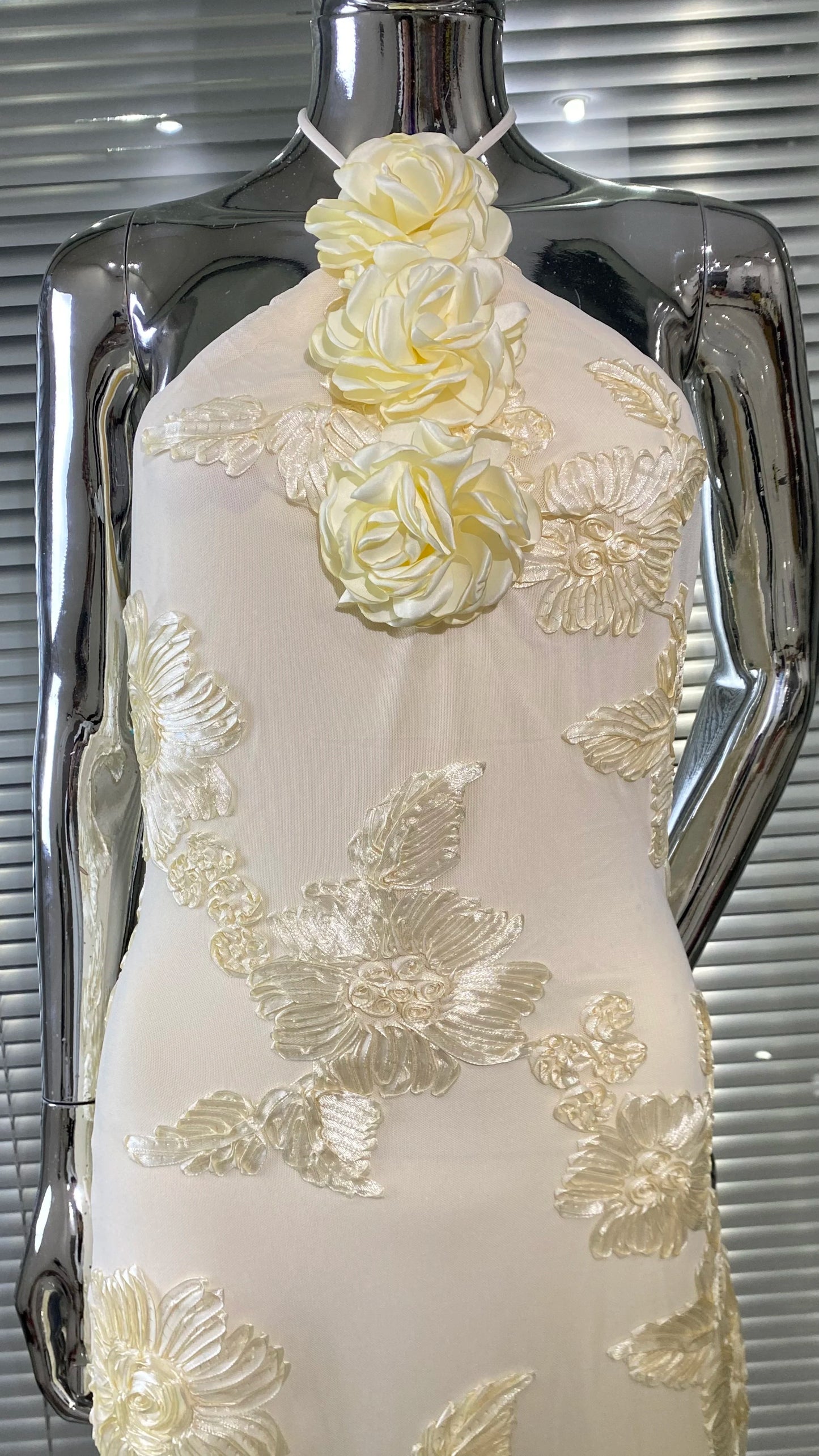 Light Yellow Delicacy Jacquard flowers dress Halter Sleeveless Ankle Length Dress Celebrity Party Evening Dress Woman Voaction Outfit
