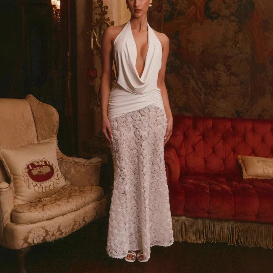 Maxi Dress, Sexy 3D Flower Halter Deep V Neck for Women Patchwork Backless Slim  Sleeveless Dress Evening Party Club Prom Beach