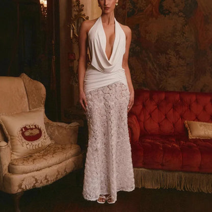 Maxi Dress, Sexy 3D Flower Halter Deep V Neck for Women Patchwork Backless Slim  Sleeveless Dress Evening Party Club Prom Beach