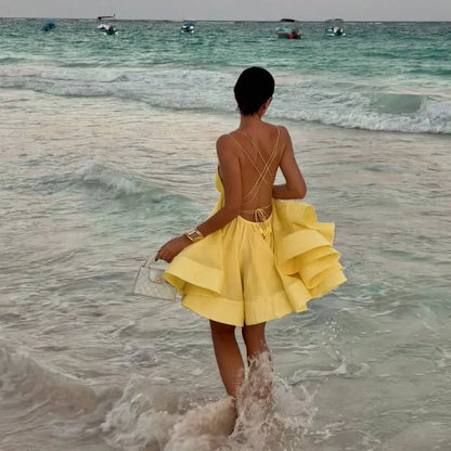 Elegant Chiffon Pleated Off Shoulder Women Sling Dress Fashion Lace Up Backless High Waist A-line Mini Dresses Lady Beach Robes
