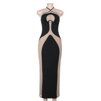 Halter Neck Dresses, Mesh Patchwork for Women Sexy Lace-up Backless See-through Evening Dress Sleeveless Backless Long Party Robe